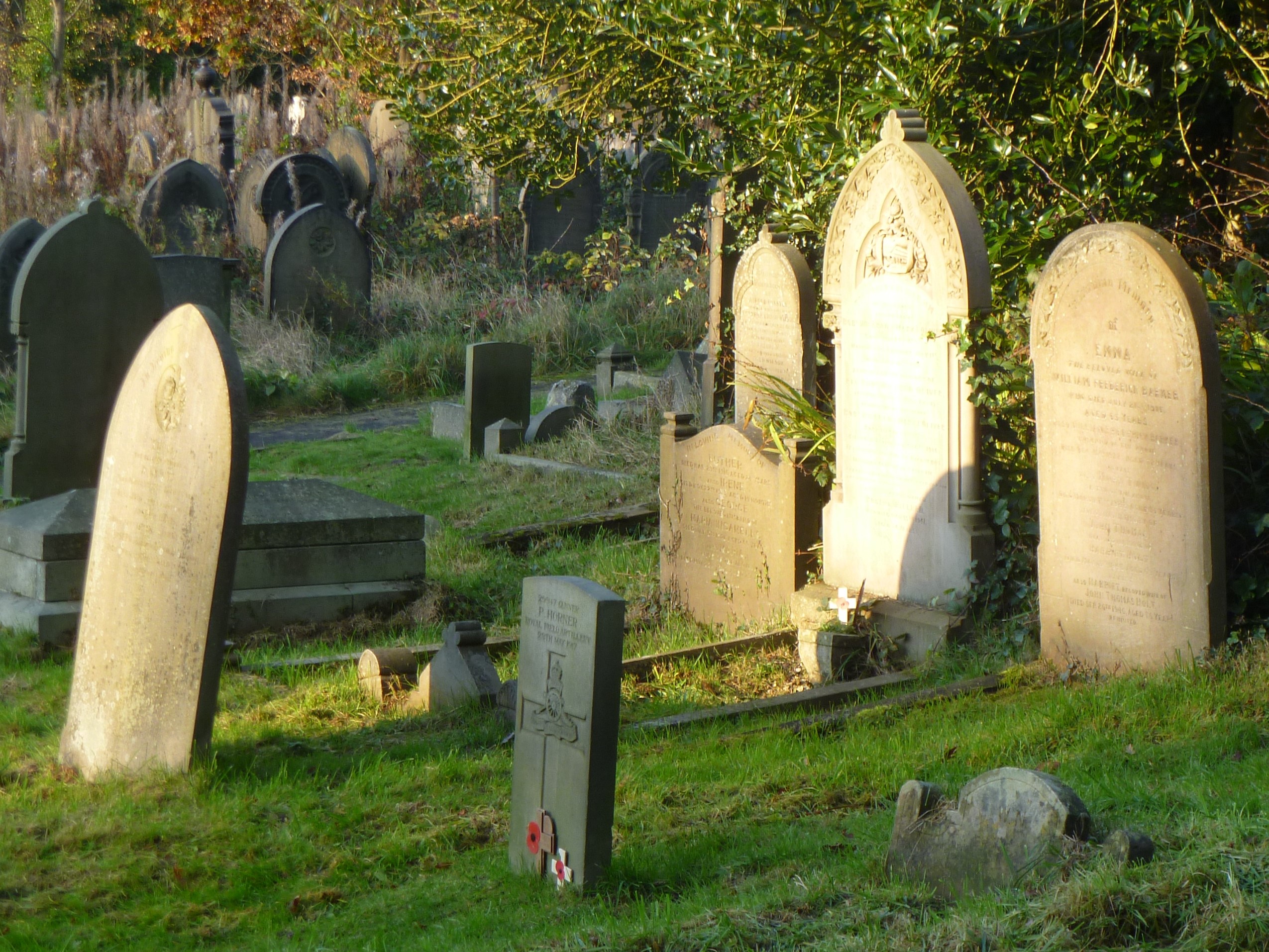 Gravestones in the sunshine at Walkley Cemetery